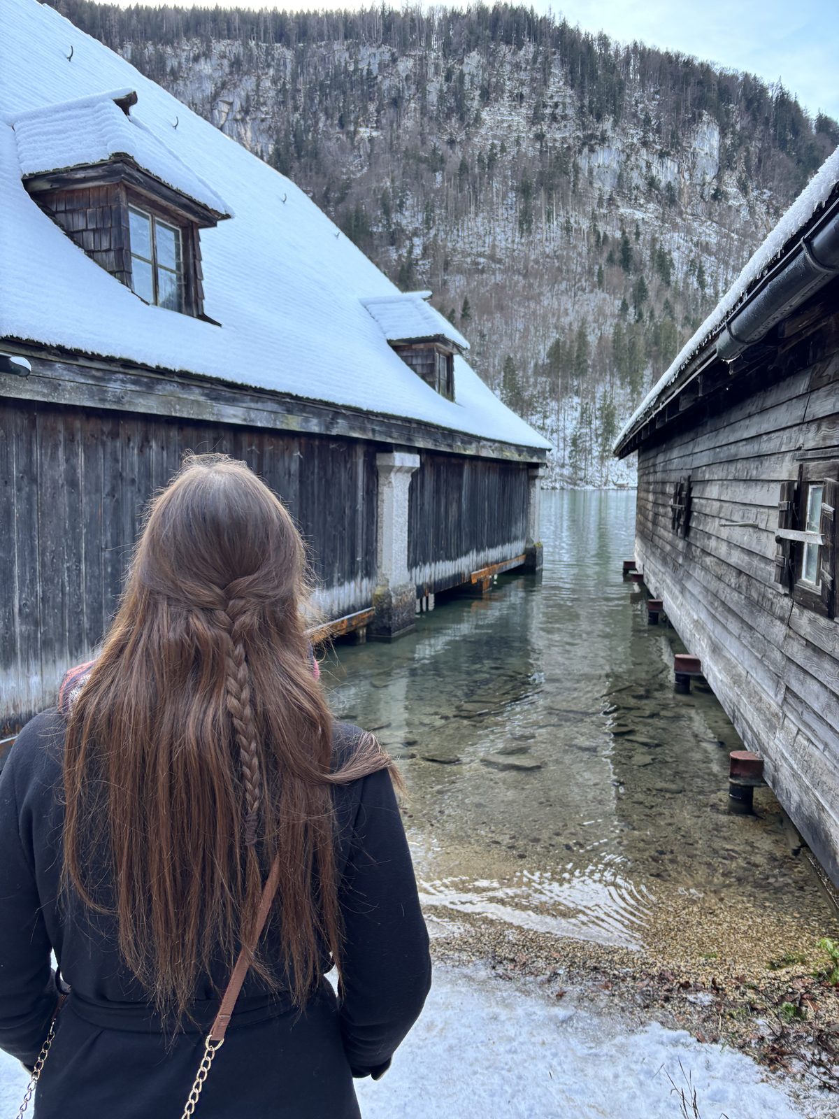Boathouses at the lake in winter